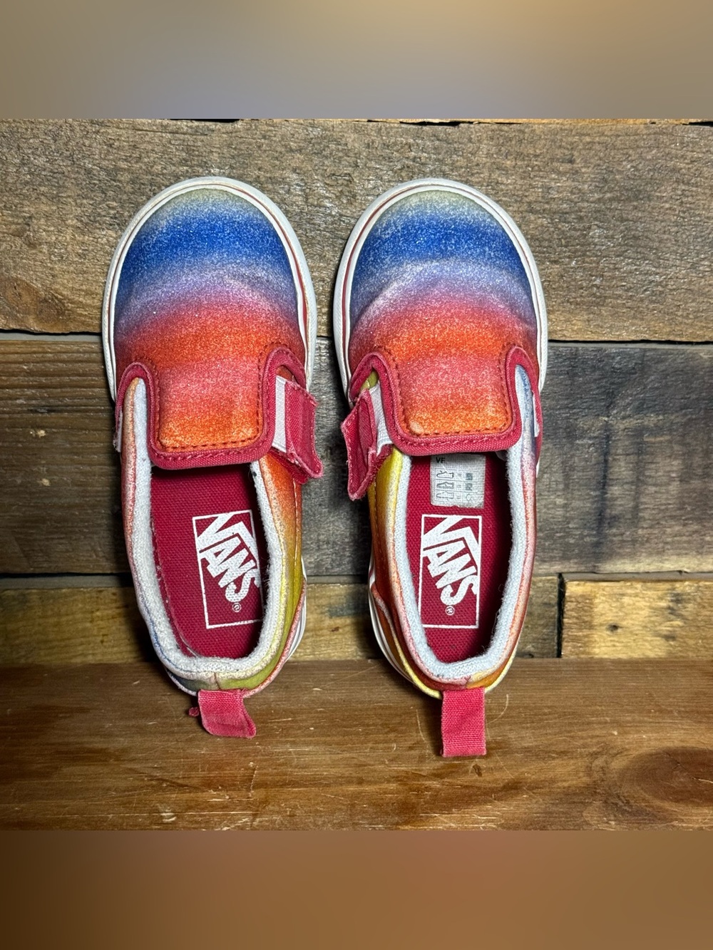 Vans Slip On Velcro Toddler Rainbow Checker & Rainbow Glitter Shoes Size 8.5 - Picture 6 of 15